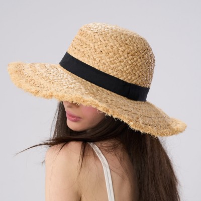Palarie Floppy Din Rafie Naturala Cu Banda Neagra
