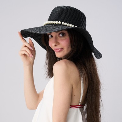Palarie Neagra De Paie Cu Perle