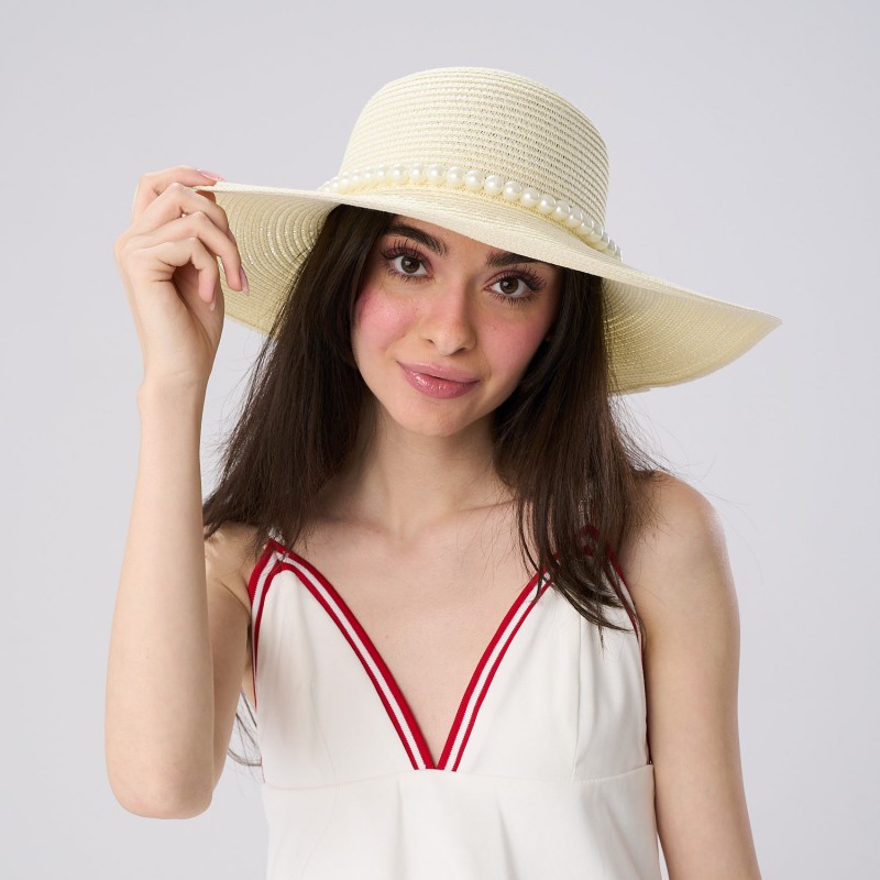 Palarie Crem De Paie Cu Perle