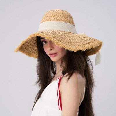 Palarie Floppy Din Rafie Naturala Cu Funda Crem